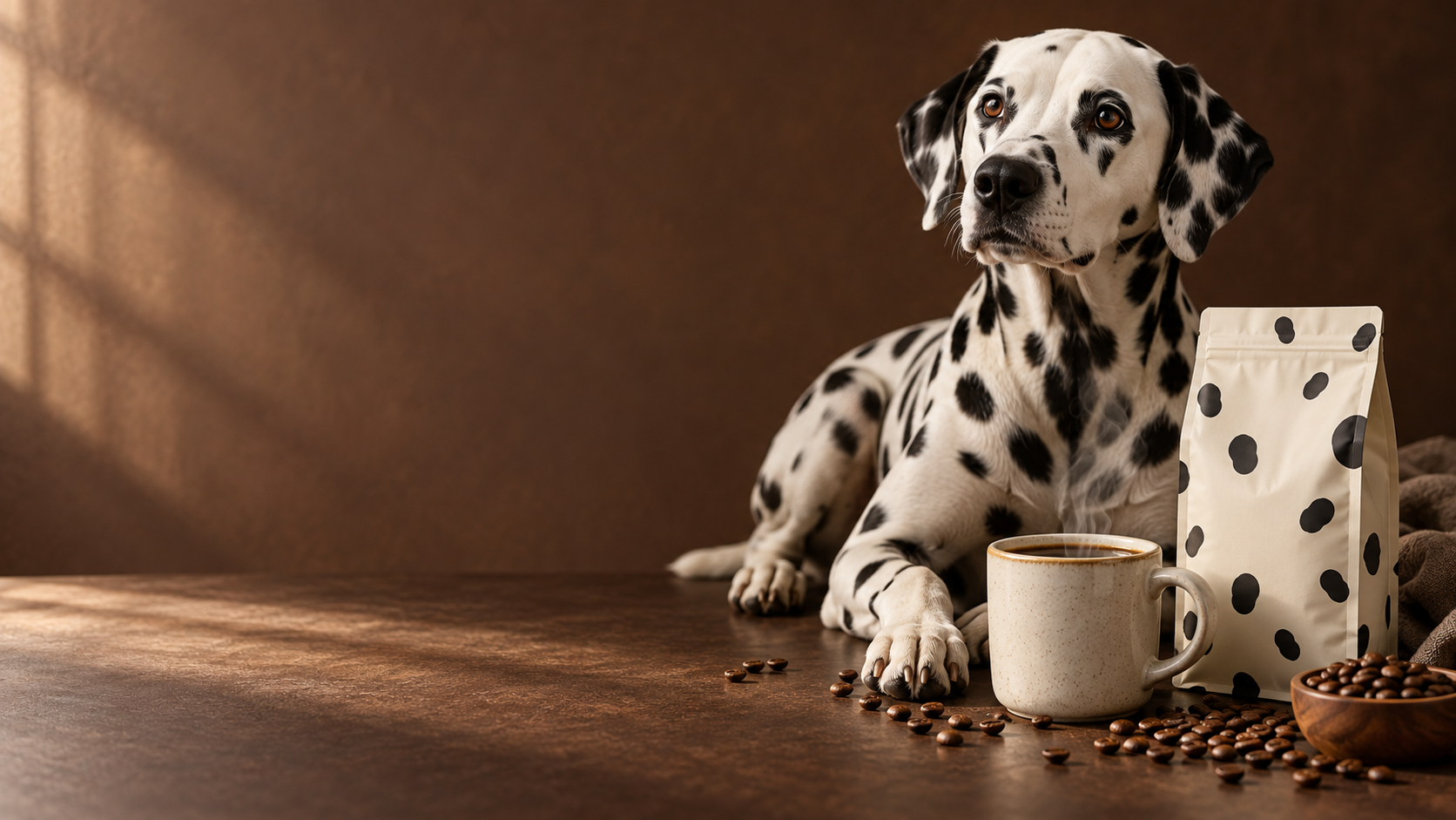 Dalmatian beside a spotted coffee bag and a fresh cup of coffee